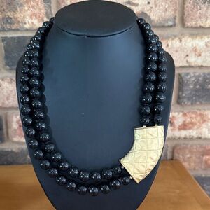 Vintage 80’s black beaded double strand with gold tone accent statement necklace